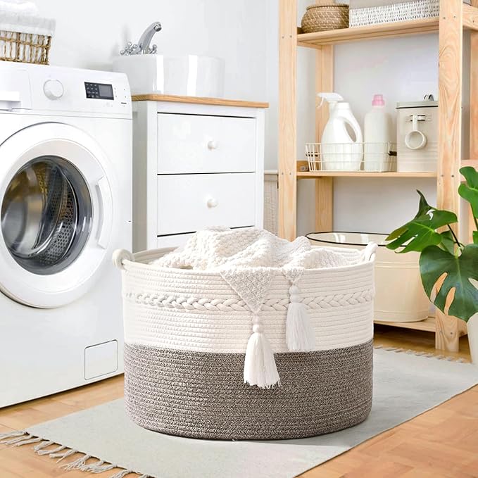 67L Large Blanket Basket, 20"x13" Woven Storage Baskets With Handle, Cotton Rope Blanket Basket Living Room, Baby Laundry hamper for Blanket, Nursery, Toy, Pillow (White & Grey)