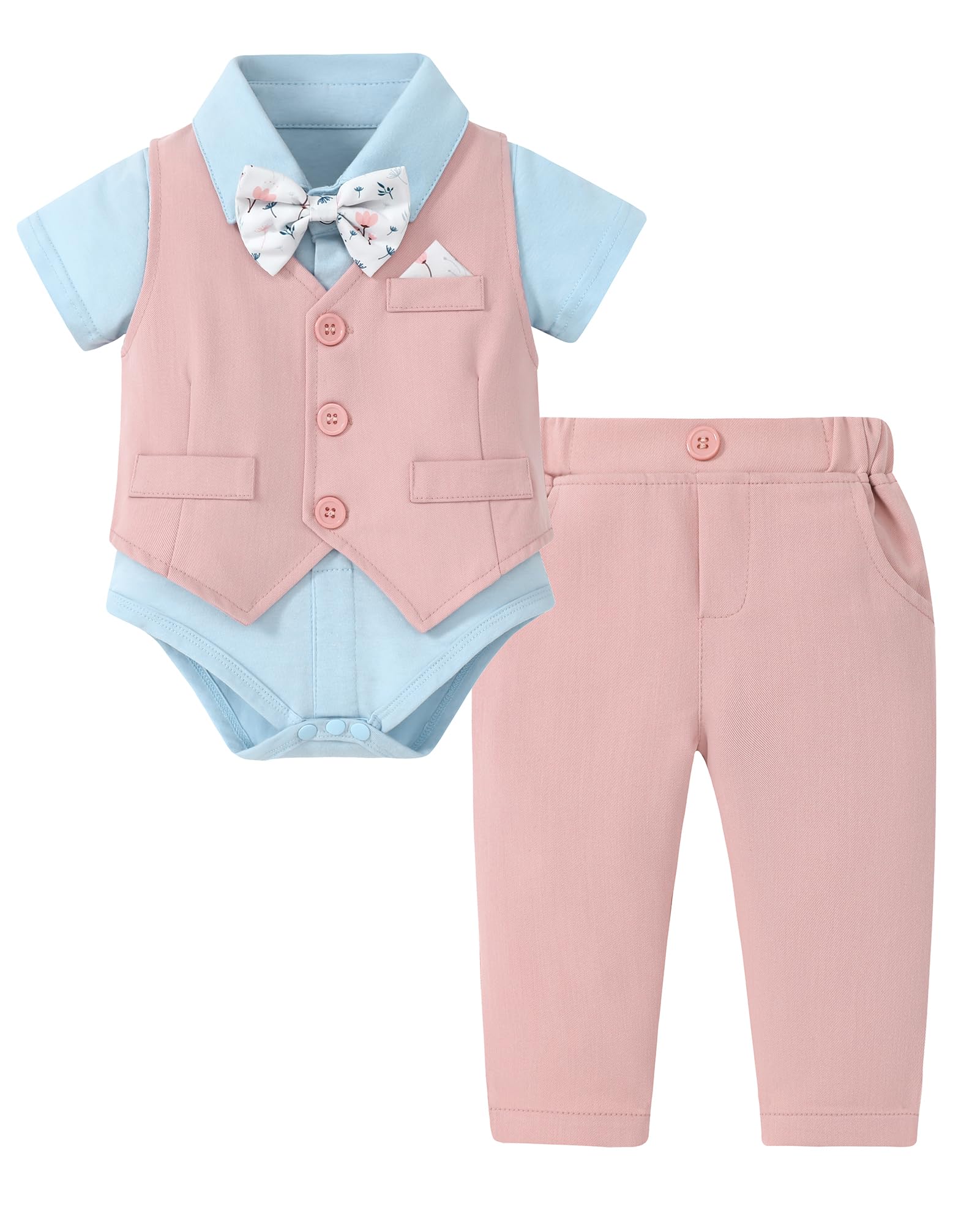 DISAUR Baby Boy Formal Outfits Short Sleeve Infant Blue Shirt Pink Vest Pants Bow Tie Baby First Halloween Outfit Boy 18 24 Months 2t