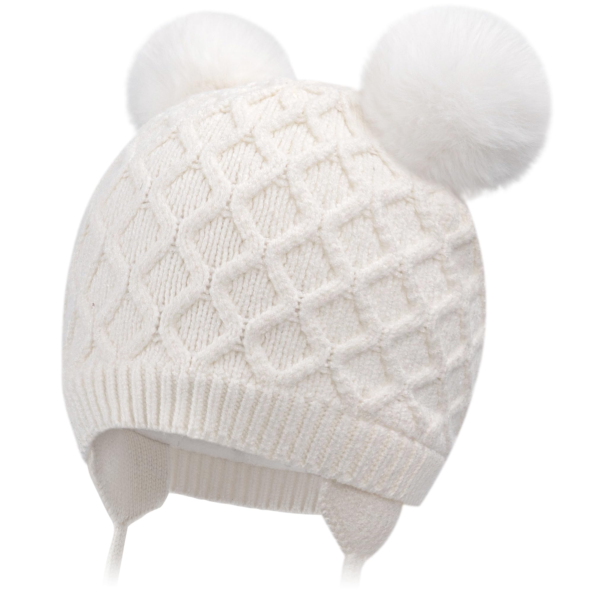 Labeol Baby Hats, Soft Warm Winter Knit Toddler Beanie with Windproof Earflap, Baby Beanie with Cute Pom-pom Ears, Fall Winter Hats for Toddler Kids Girls Boys (0-6M, White)
