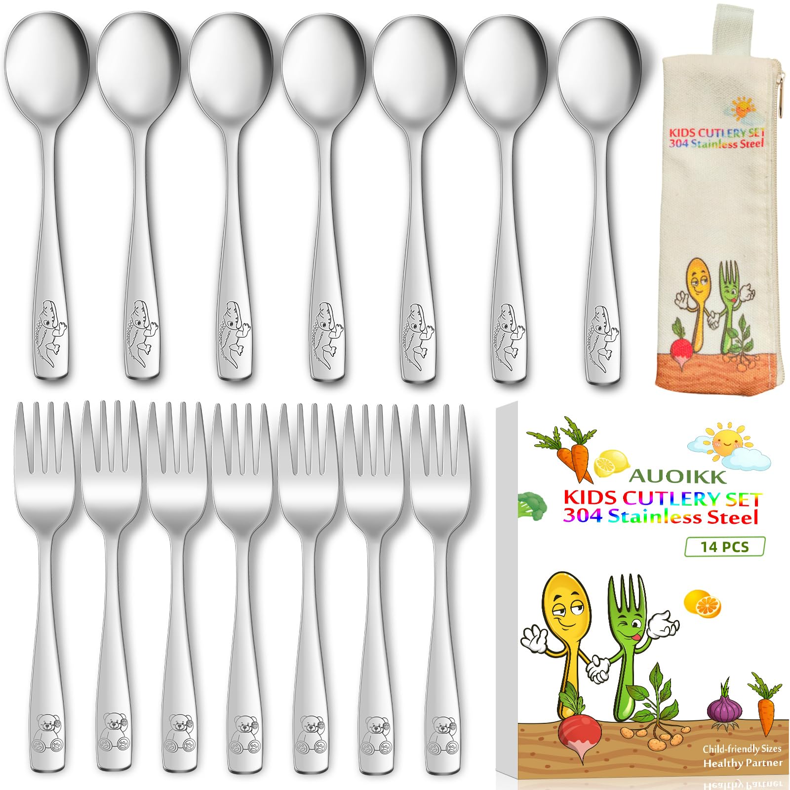 AUOIKK 14-Piece Toddler Flatware, Kids Utensils Stainless Steel Cutlery Set, Children Safe Spoons and Forks with Ergonomic Handle, Easy to use and Dishwasher Safe (Crocodile and Bear)