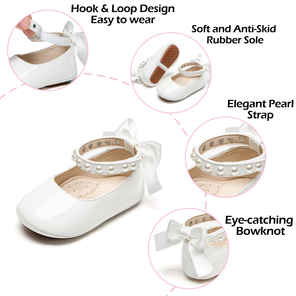 PHIRAMIN Baby Girls Ivory White Mary Jane Flats - Infant 12-18 Months Walking Shoes Soft Rubber Sole Princess Wedding