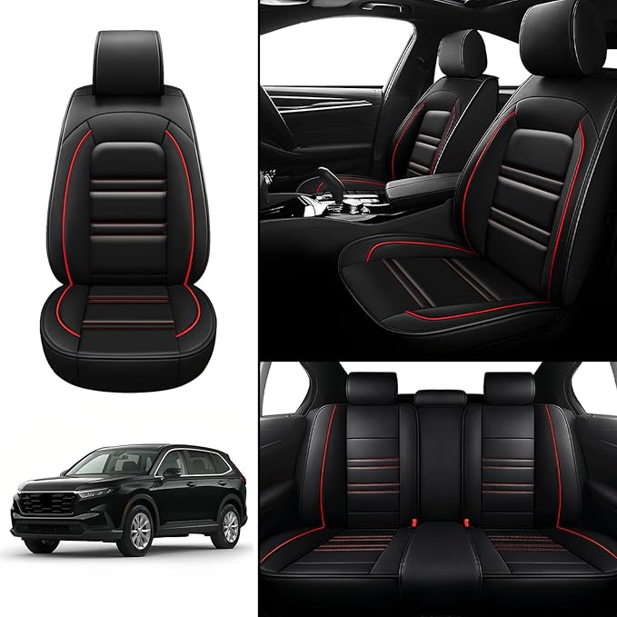 Seat Covers for Honda cr-v 2003-2025 | 5-Seats Leather Seat Covers, Easy to Install Automotive Seat Covers Full Set (Full Set, Black&Red Line)