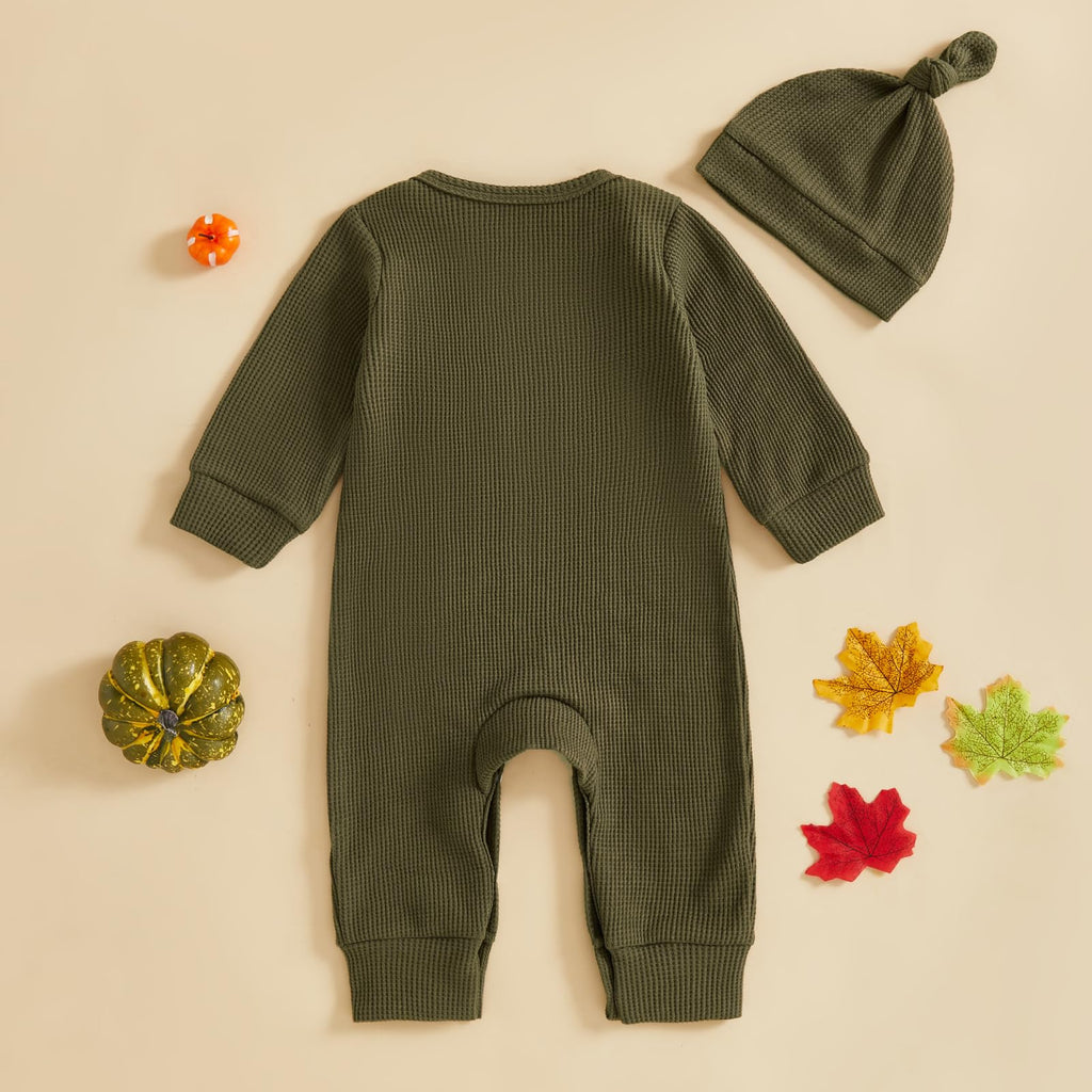Doqcey Newborn Infant Baby Boy Halloween Outfit Little Pumpkin Embroidery Romper Waffle Knit Long Sleeve Jumpsuit with Hat (Green, 3-6 Months)