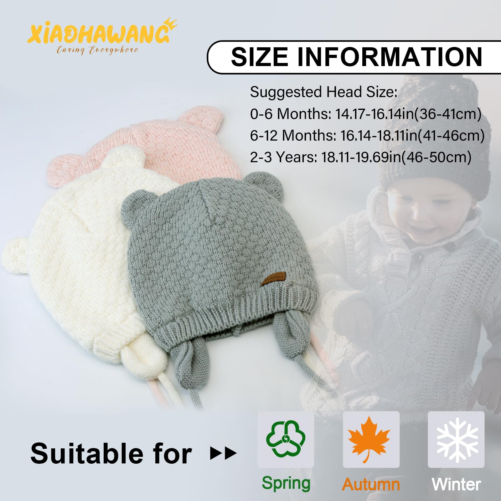 XIAOHAWANG Baby Hat Cute Bear Toddler Earflap Beanie Warm for Fall Winter (A-Set Grey+White+Pink, M(6-12 Months))