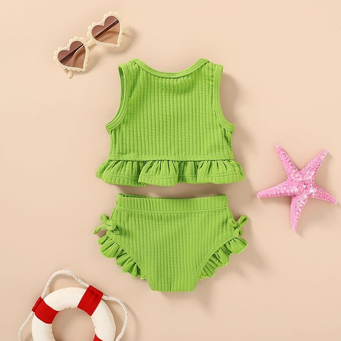 HAPPYMA Baby Swimsuit Toddler Girl Bathing Suit Summer Solid Color Bikini Set Beach Two Piece Swim Wear