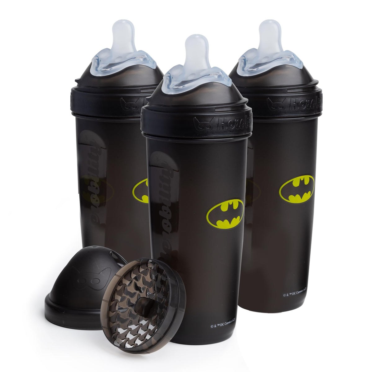 Herobility Anti-Colic Baby Bottles 8.5 fl oz/240ml - Pack of 3 Plastic Baby Bottles, Fast Flow Plastic Bottles, Breast-Shaped Teat for Breastfed Babies, Small Baby Bottles, Swedish Design, Batman