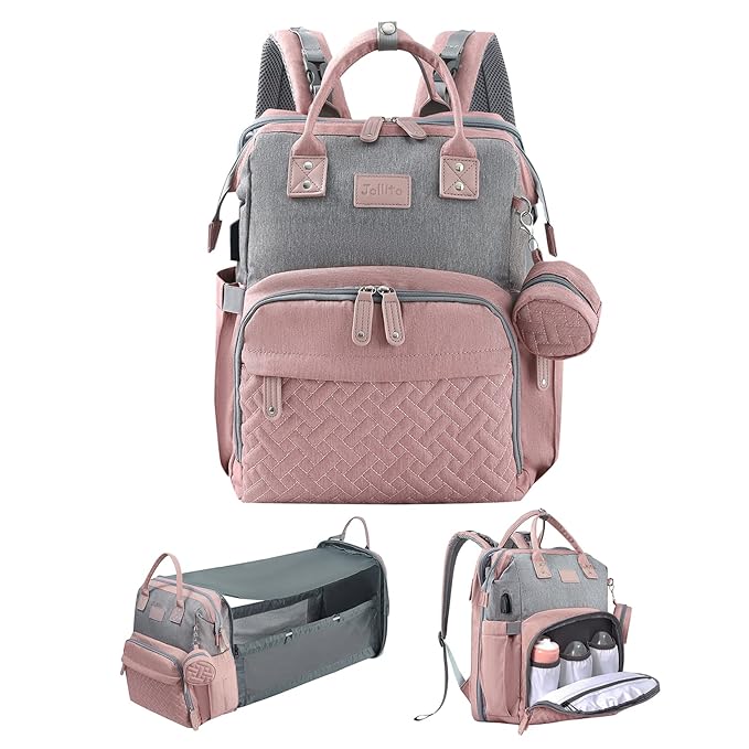JOLLITO Baby Diaper Bag Backpack with Changing Station, Large Capacity, Stroller Straps and USB Charging Port, Baby Registry Search for Boys & Girls