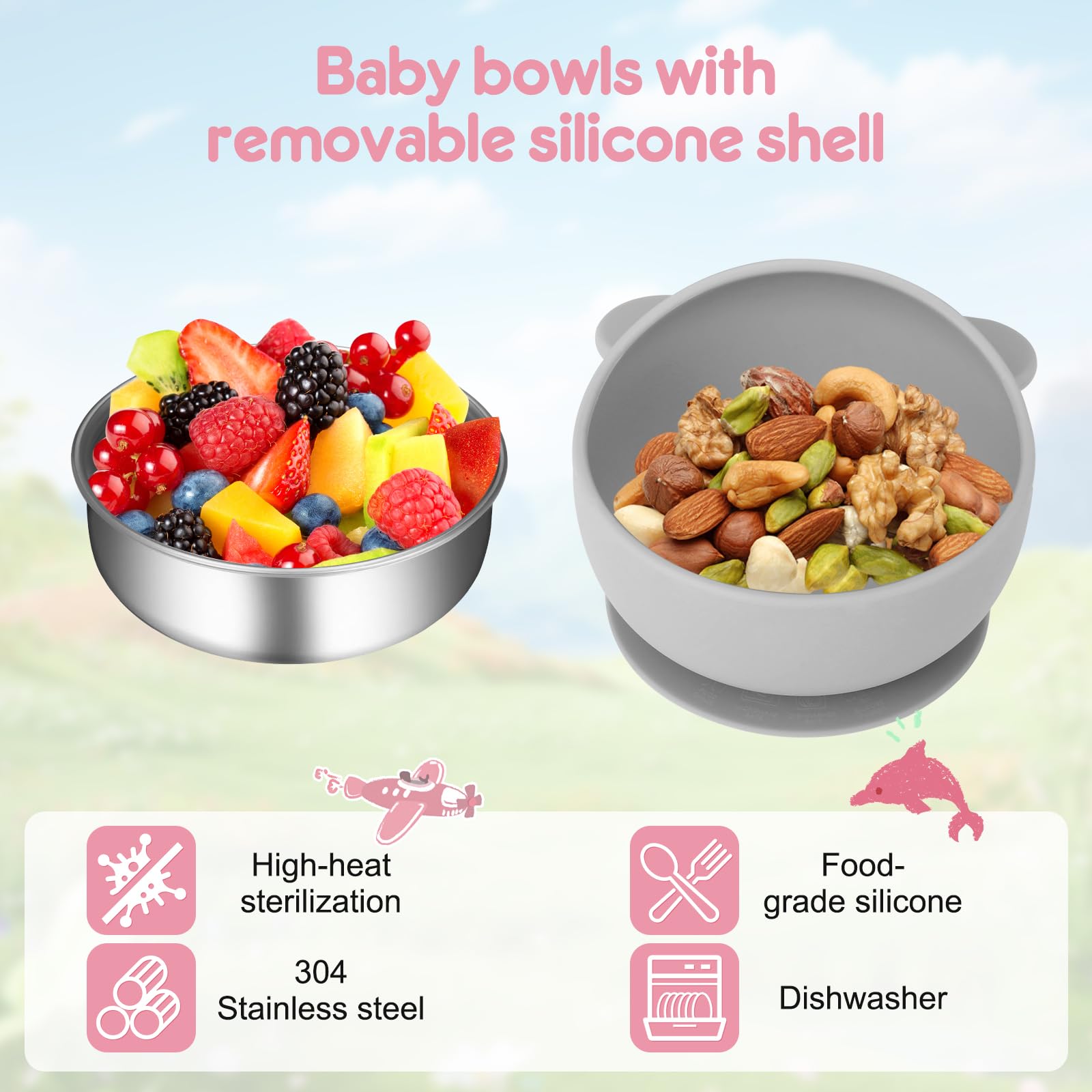 Wesketch 2 Pack Stainless Steel Baby Bowls with Suction, Toddler Bowls with Removable Silicone Shell for Kids, Non-Slip Toddler Baby Feeding Set Dishwasher Safe-Gray & Red