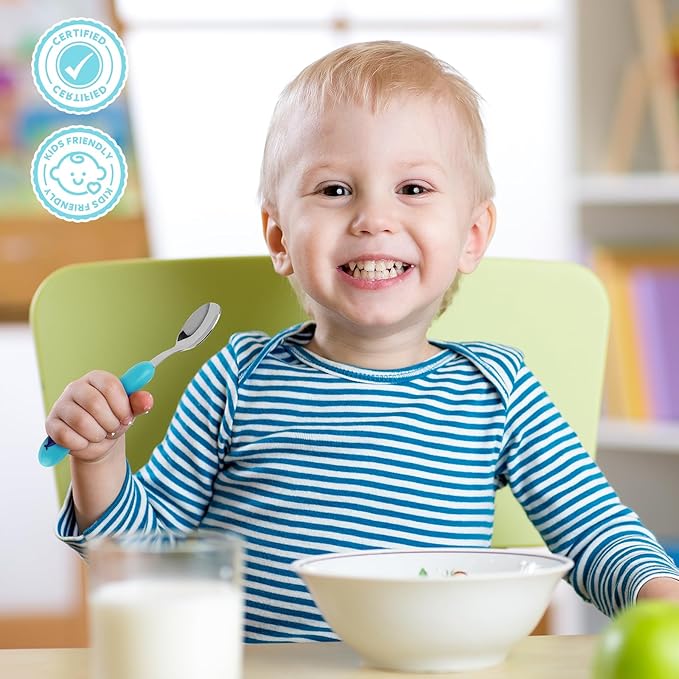 Lehoo Castle 6 Pieces Toddler Utensils, Kids Silverware for 2 3 4 Years Old, Stainless Steel Knife Fork and Spoon Set with Plastic Handle, Safe Toddler Cutlery (Blue)