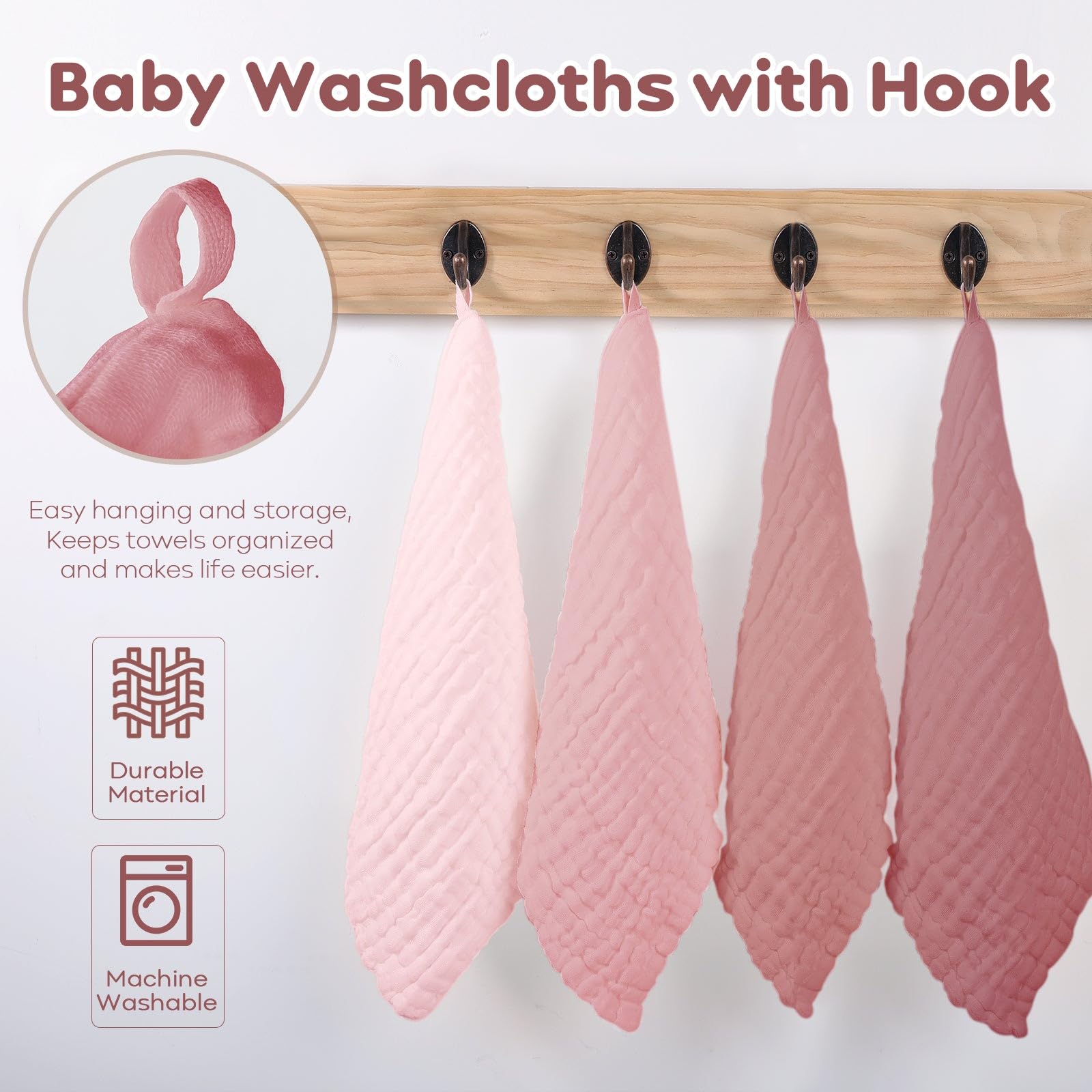 Yoofoss Muslin Baby Washcloths 100% Organic Cotton Face Towels 6 Pack Wash Cloths for Baby 12x12in Soft and Absorbent Baby Wipes (Gradient Pink)