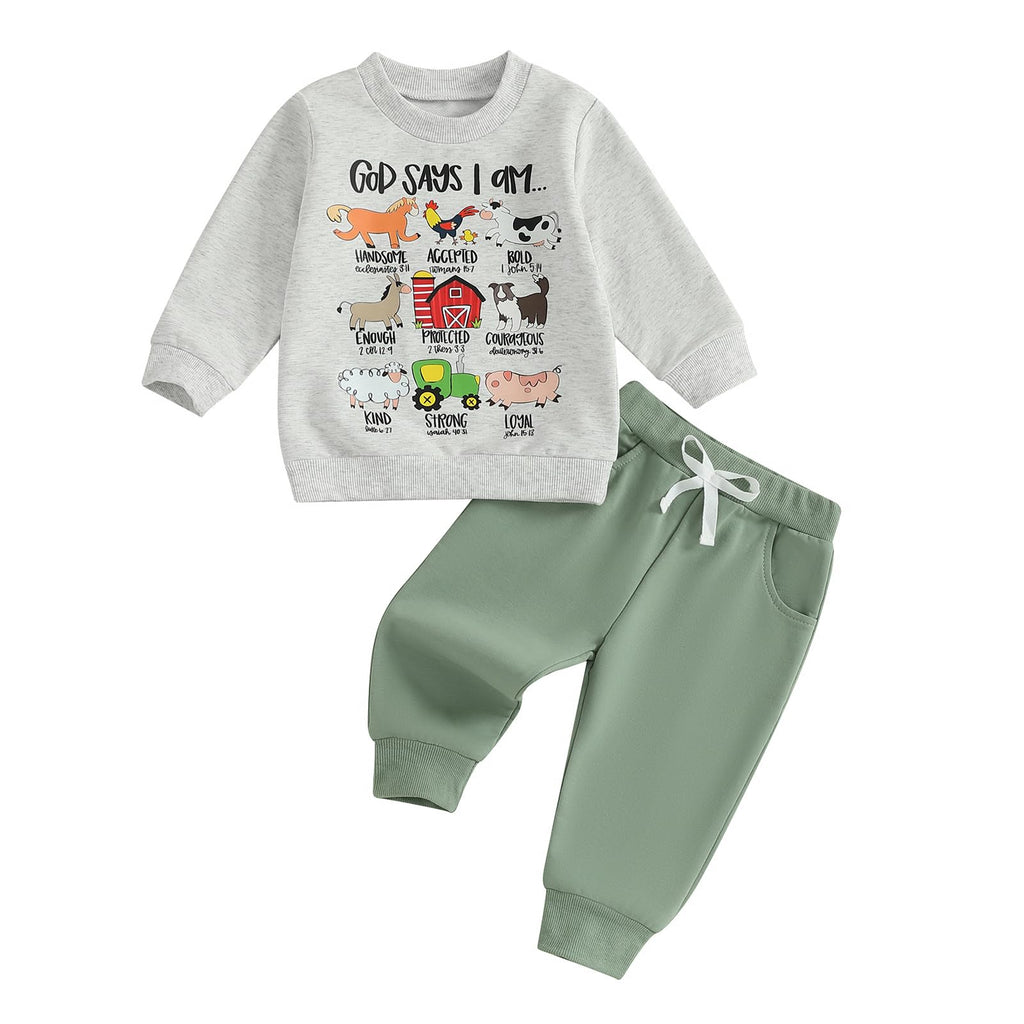 Nyapruwe Toddler Baby Boys Fall Winter Outfits Funny Print Top Pants Set (Green G-animals, 18-24 Months)
