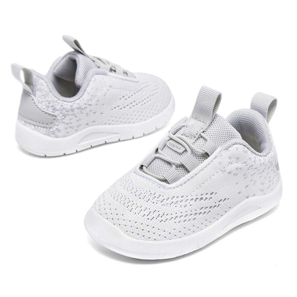 MORENDL Toddler Sneakers - Boys & Girls Breathable Running Shoes, Non-Slip, Slip On Walking Shoes - White, Grey - Size 6 (15-18 Months)