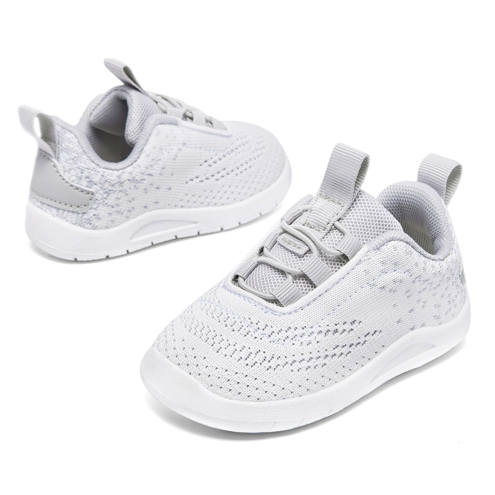 MORENDL Toddler Sneakers - Boys & Girls Breathable Running Shoes, Non-Slip, Slip On Walking Shoes - White, Grey - Size 6 (15-18 Months)