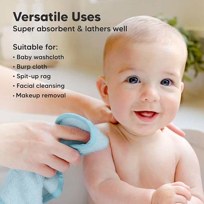 6-Pack Baby Washcloths - Soft Absorbent Viscose from Bamboo Wash Cloths for Babies, Kids, Toddlers, Infant, Newborn Bath Towels, Gentle on Sensitive Skin, 10x10 Reusable Face Towels (Bravo Blue)