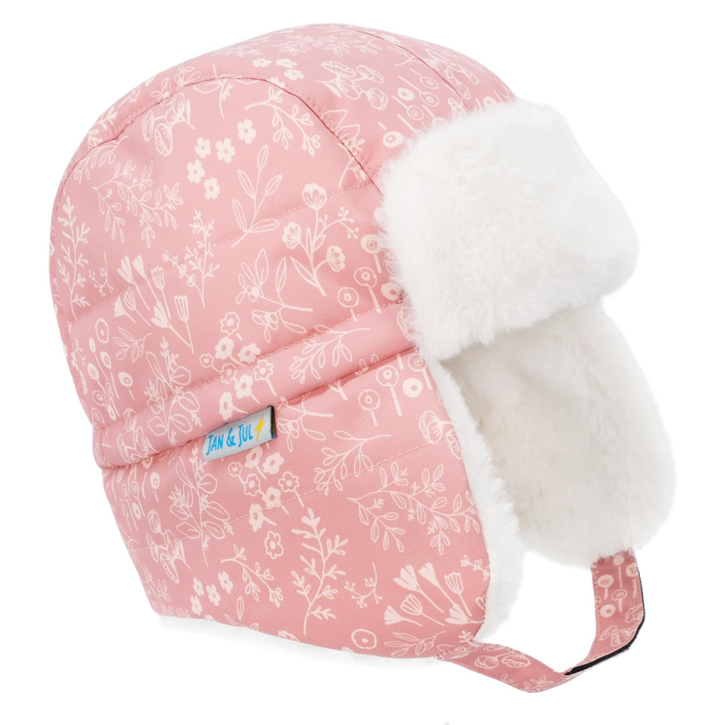 JAN & JUL Waterproof Trapper Hat for Baby and Kids, Insulated Winter Hat with Faux Fur Lining (Prairie Flowers, Size S)