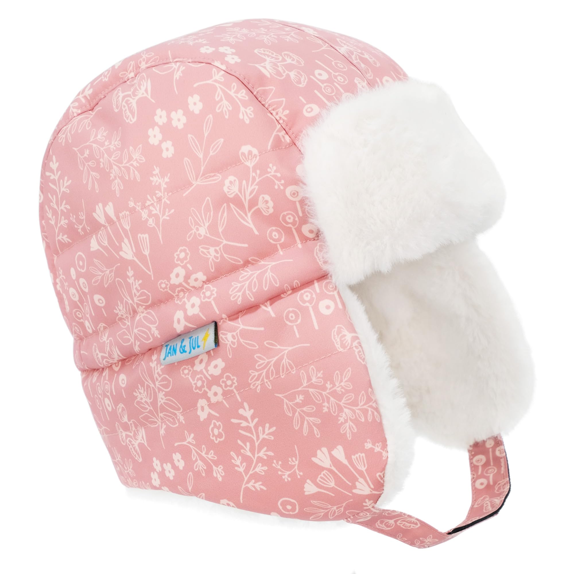 JAN & JUL Waterproof Trapper Hat for Baby and Kids, Insulated Winter Hat with Faux Fur Lining (Prairie Flowers, Size S)