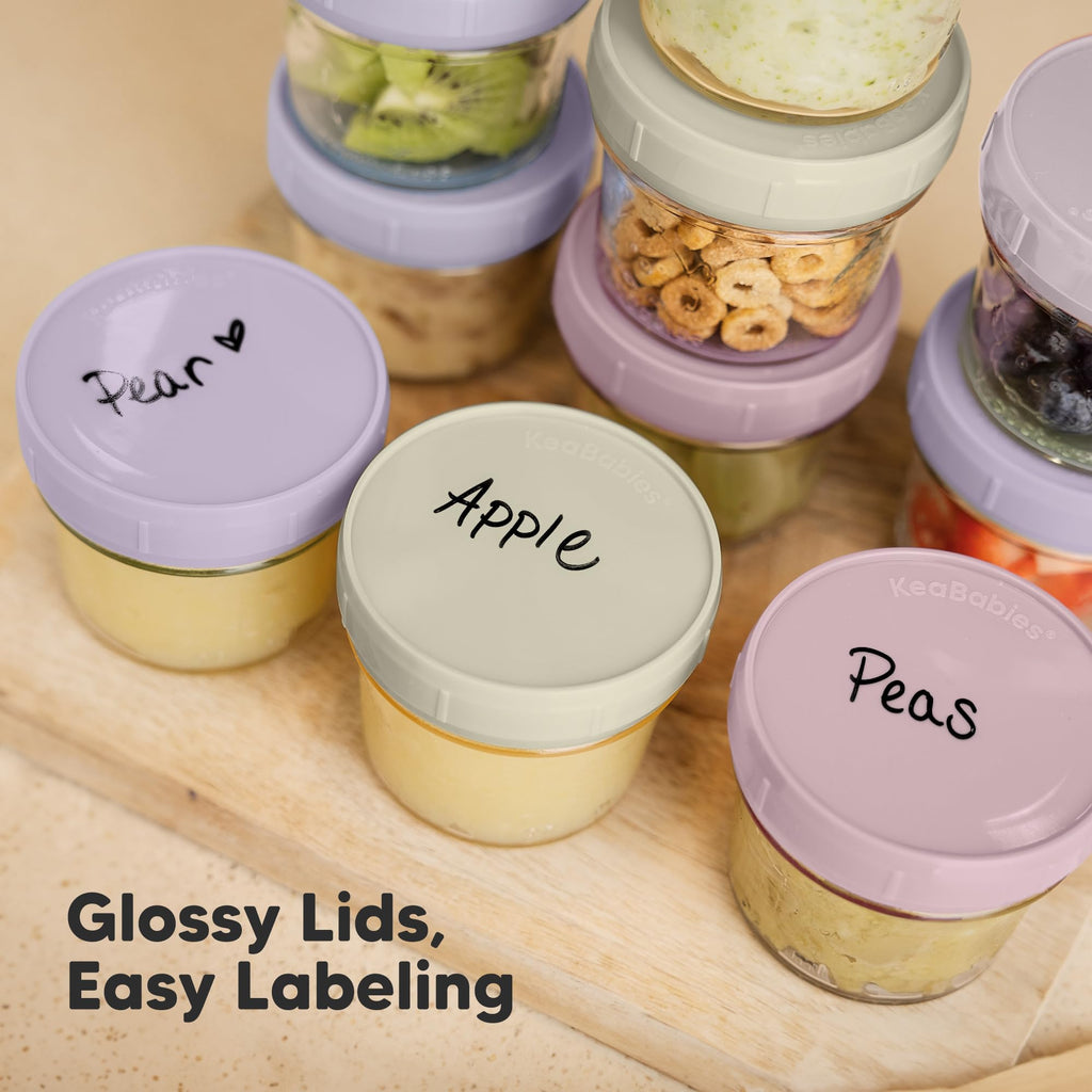 KeaBabies 12pk 4oz Glass Baby Food Containers with Lids, Leak-Proof (Lilac)
