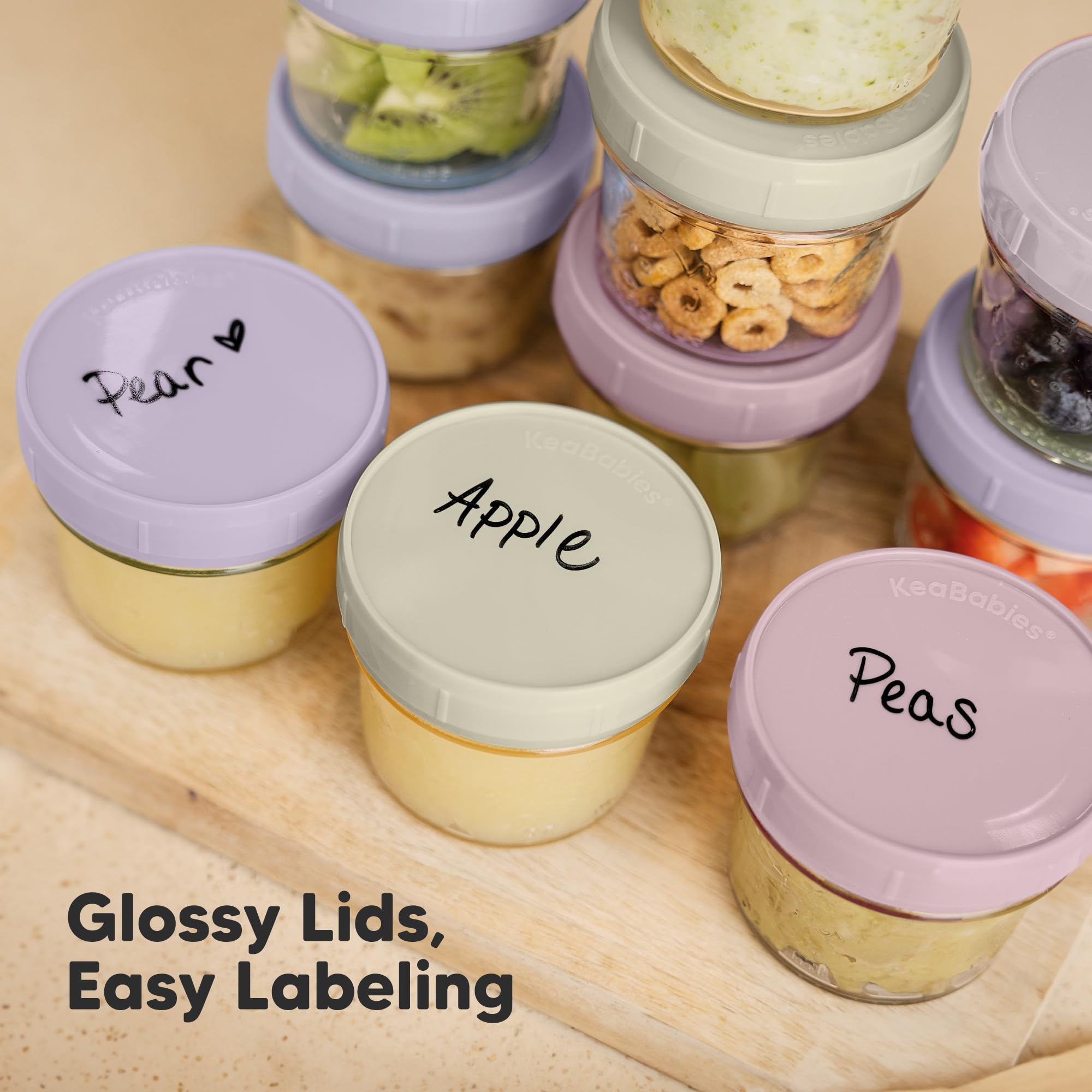 KeaBabies 12pk 4oz Glass Baby Food Containers with Lids, Leak-Proof (Lilac)