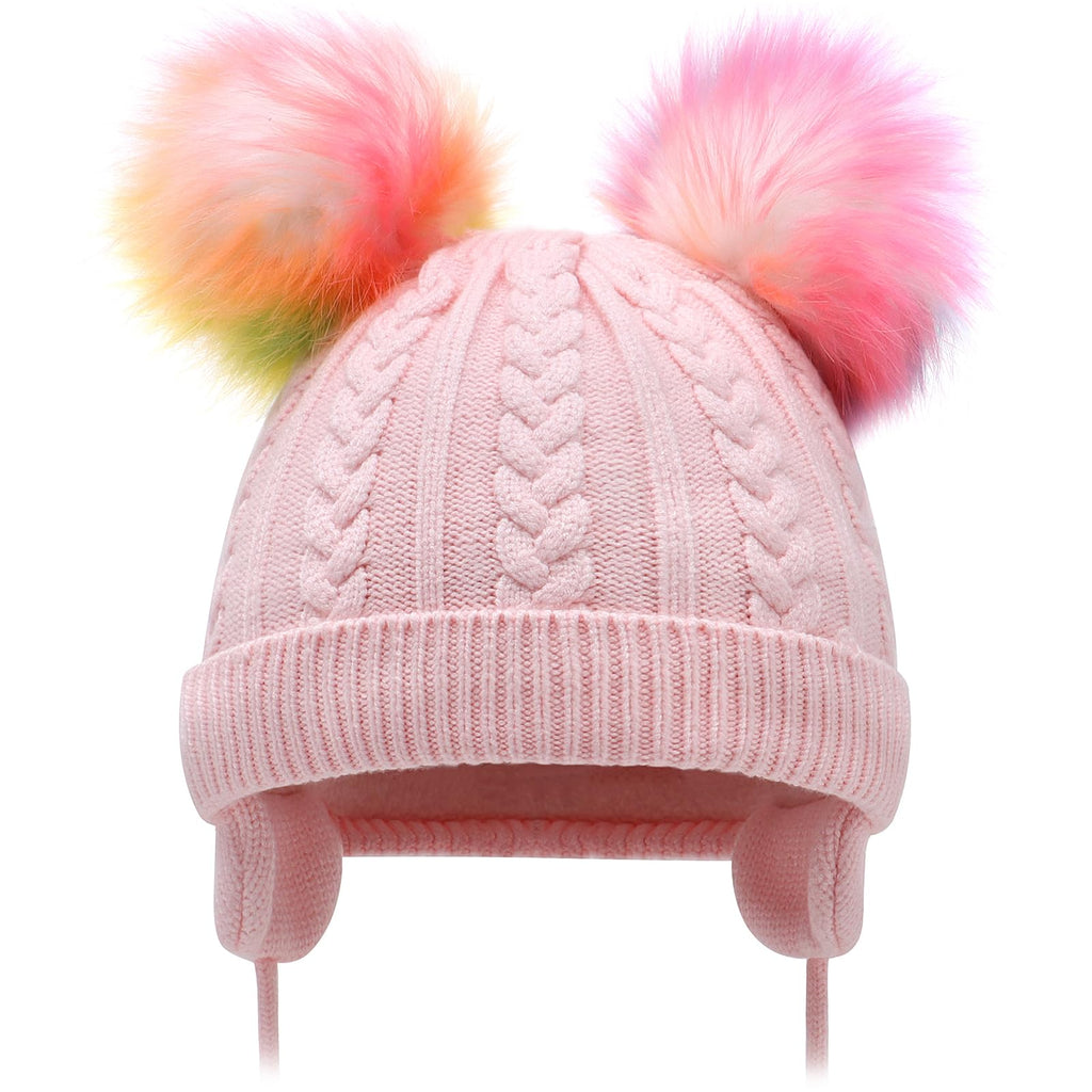 Duoyeree Toddler Winter Hat, Earflap Double Pom Pom Knit Beanie 0-36M