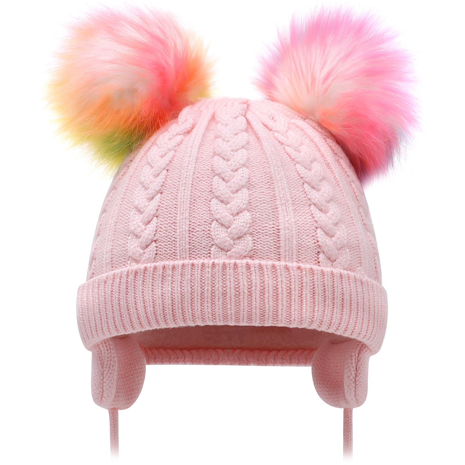 Duoyeree Toddler Winter Hat, Earflap Double Pom Pom Knit Beanie 0-36M