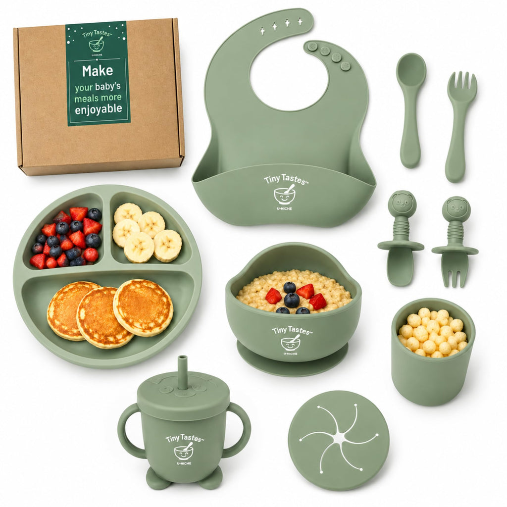 Tiny Tastes 10-Piece Silicone Baby Feeding Set – Baby Led Weaning Supplies with Suction Plate & Bowl, Adjustable Bib, Snack Cup, Spoons & Fork, BPA-Free Baby Feeding Essentials for Toddlers