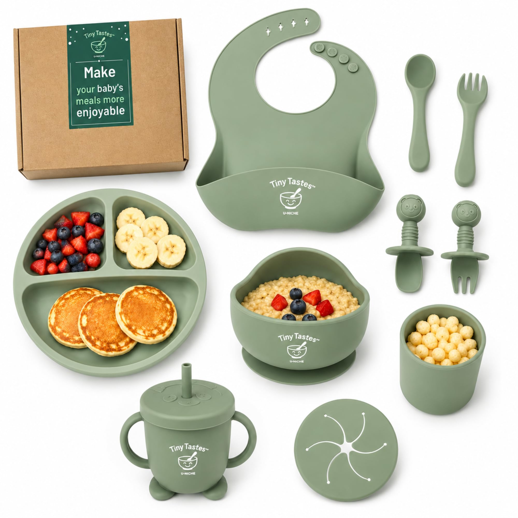Tiny Tastes 10-Piece Silicone Baby Feeding Set – Baby Led Weaning Supplies with Suction Plate & Bowl, Adjustable Bib, Snack Cup, Spoons & Fork, BPA-Free Baby Feeding Essentials for Toddlers