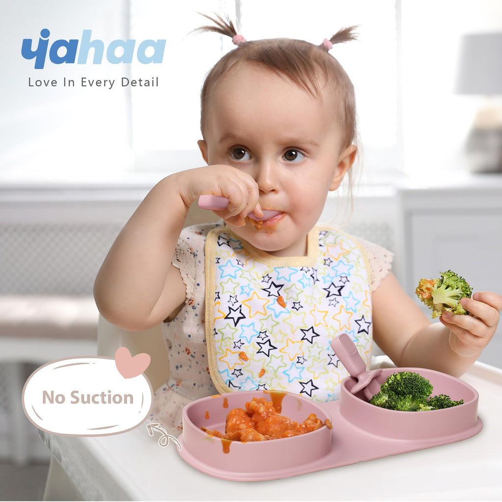 Silicone Baby Foldable Dinner Plates with Forks and Spoons, Matte Pink