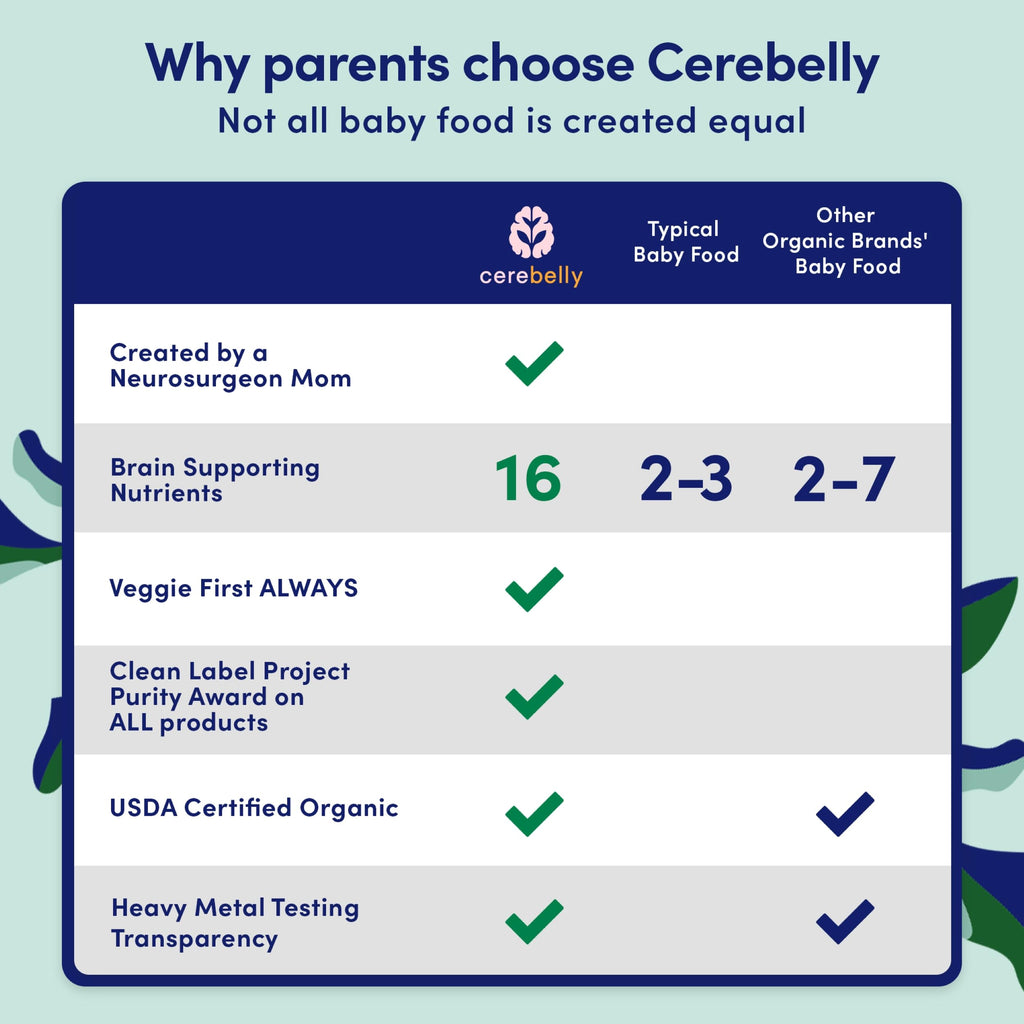 Cerebelly Organic Baby Food Pouches, Beet Carrot Blueberry Purees, 16 Nutrients, No Added Sugar, Fiber & Non-GMO, 4oz, 6 Pack
