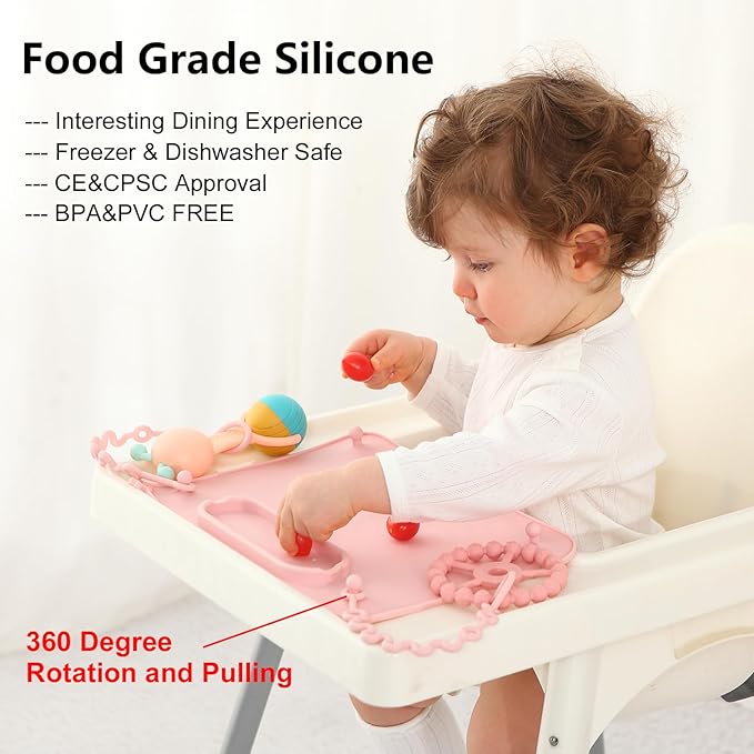 2 Pack Baby Silicone Mat, with Suction Base and 8 Stretchable Straps, Seposeve Baby Placemats, Activity Mat for Infants to Toddlers, Keeps Babies Essentials Off The Floor, Purple Pink