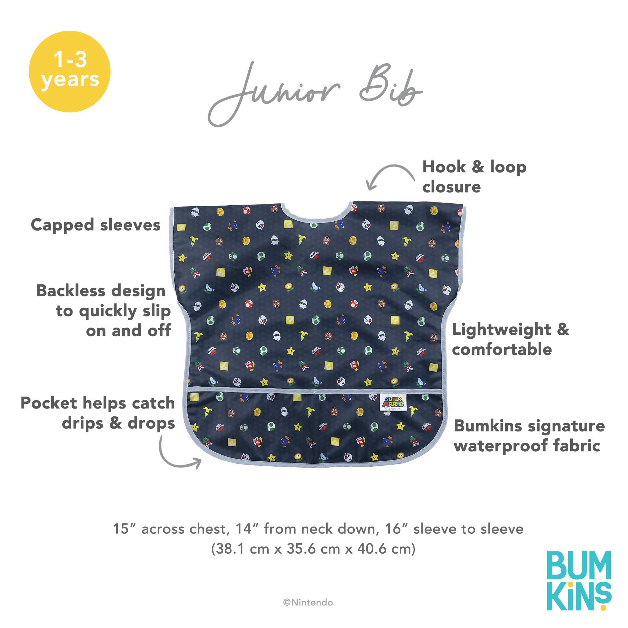 Bumkins Short Sleeve Bib for Girl or Boy, Toddler and Kids for 1-3 Years, Large Size, Essential Must Have for Junior Children, Eating, Mess Saving Soft Fabric Apron for Play, Nintendo Super Mario