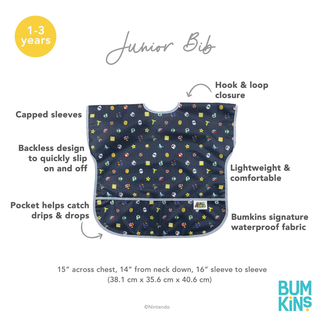 Bumkins Short Sleeve Bib for Girl or Boy, Toddler and Kids for 1-3 Years, Large Size, Essential Must Have for Junior Children, Eating, Mess Saving Soft Fabric Apron for Play, Nintendo Super Mario