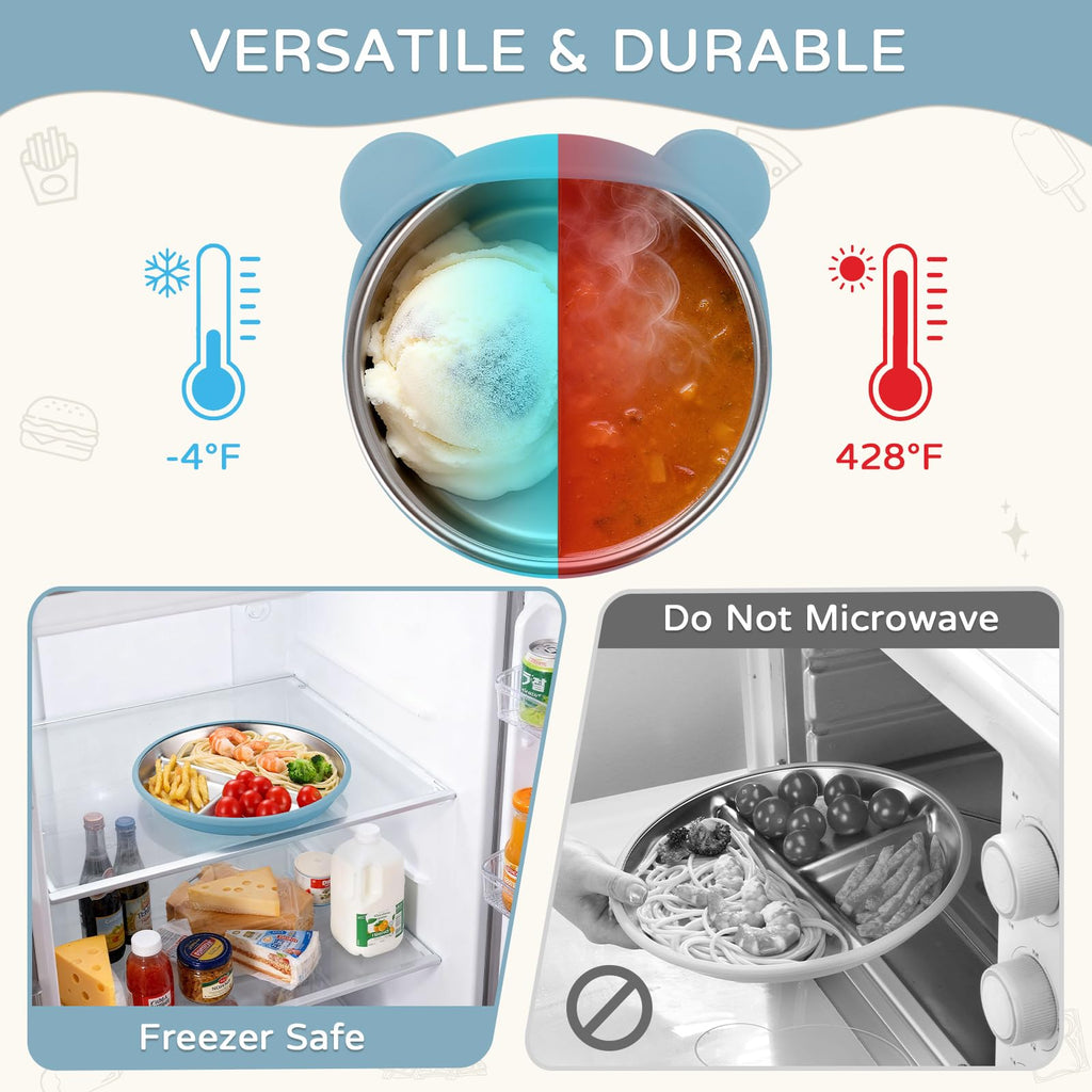 Toddler Plates and Bowls Set Stainless Steel - Bathchef Baby Feeding Set Strong Suction, BPA Free Durable Divided Plates, Safe Self Baby Feeding Utensils,Cup,Spoon,Fork,Dishwasher Safe,6pcs,Blue