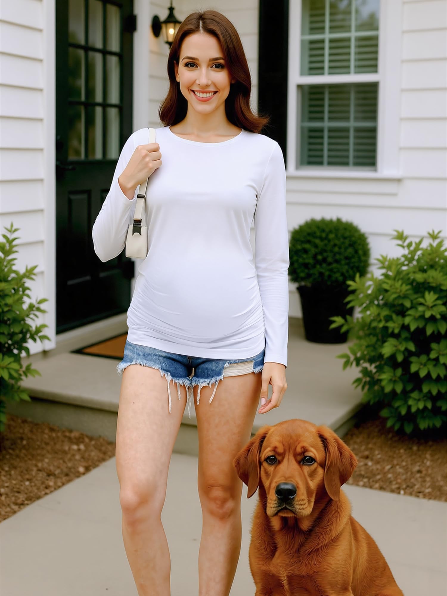 MIRAZEN 2 Pack Maternity Shirts Long Sleeve Crew Neck, White/White, M