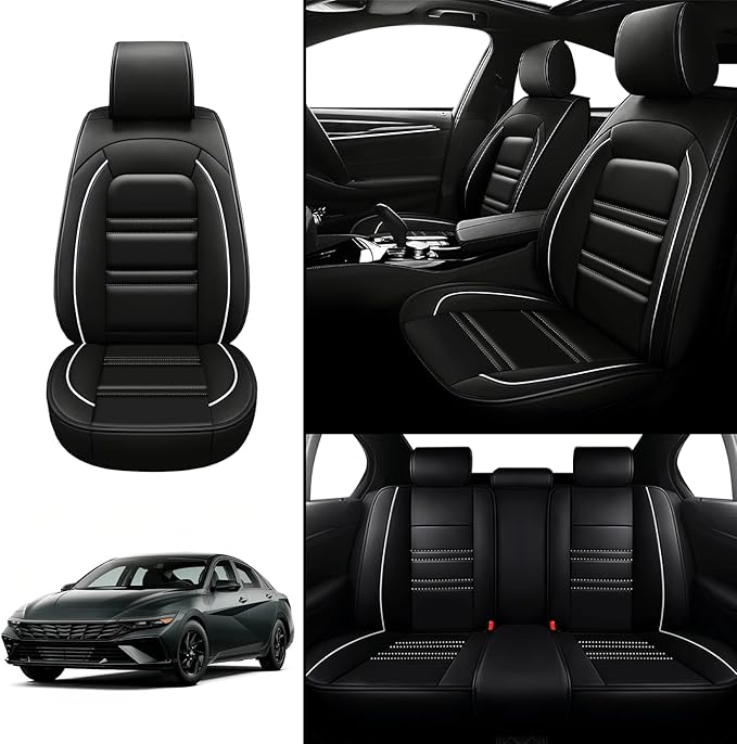 PACKMACH Seat Covers for Hyundai Car Elantra 2001-2025 | 5-Seats Leather Seat Covers, Easy to Install Automotive Seat Covers Full Set (Full Set, Black&White Line)