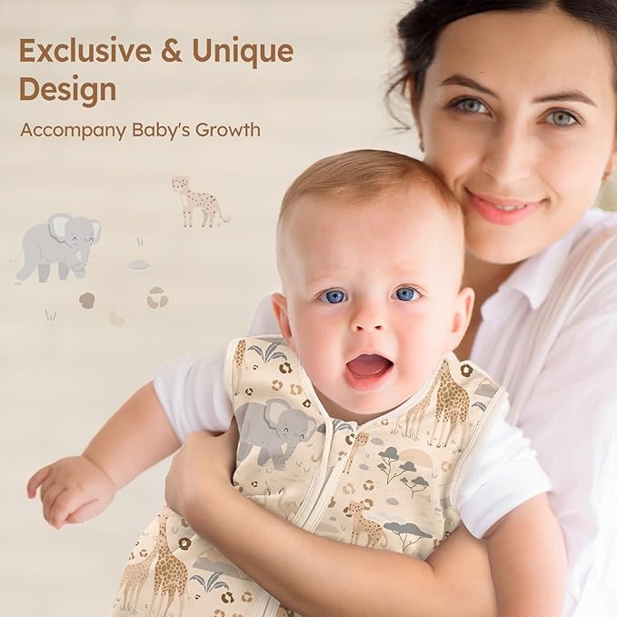 Baby Sleep Sack 6-12 Months 100% Cotton Lightweight 0.5 TOG Wearable Blanket Baby Sleep Bag with 2-Way Zipper for Newborn Infant Apricot Elephant