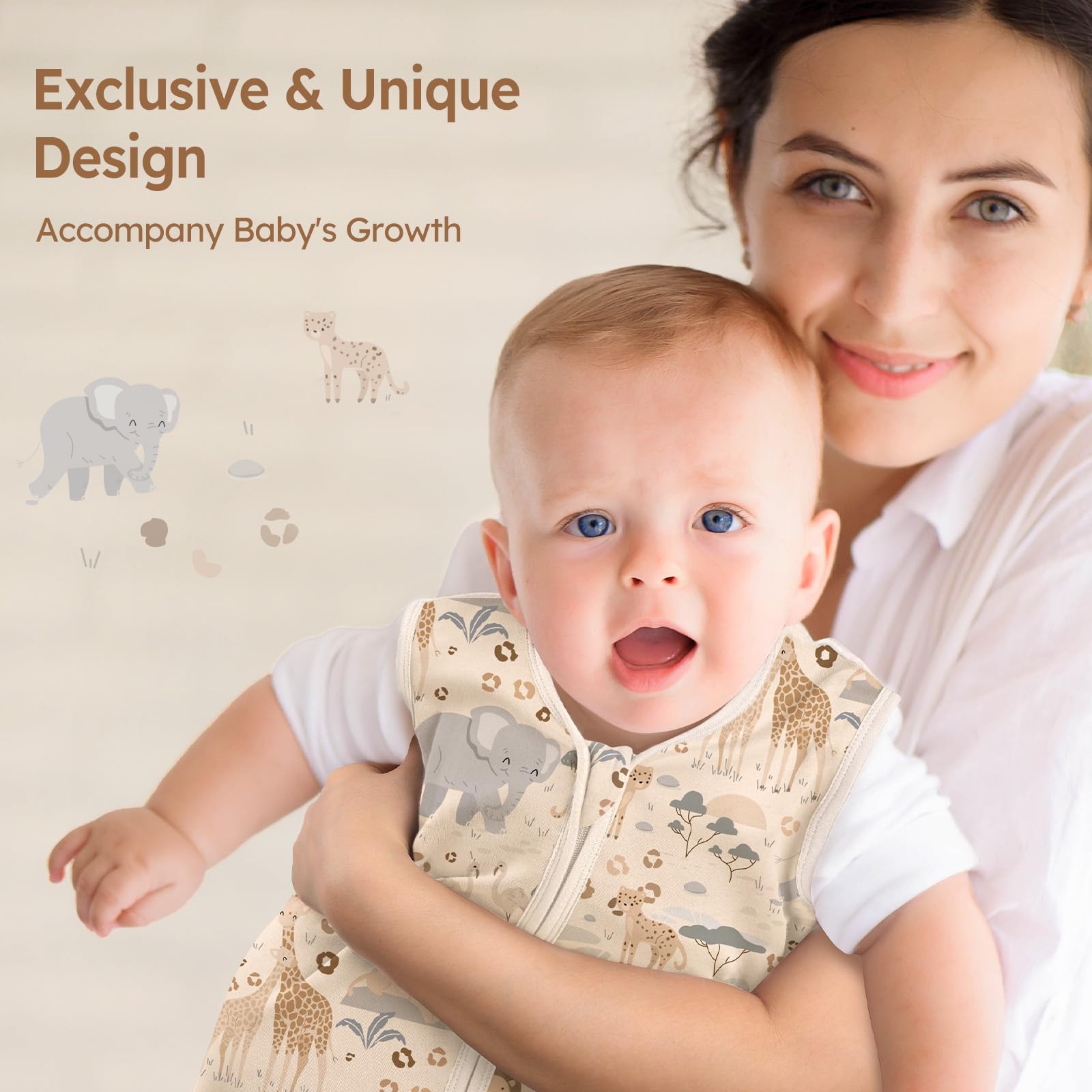 Unnivoll Baby Sleep Sack 18-24 Months 100% Cotton Lightweight 0.5 TOG Wearable Blanket Baby Sleep Bag with 2-Way Zipper for Infant Toddler Apricot Elephant