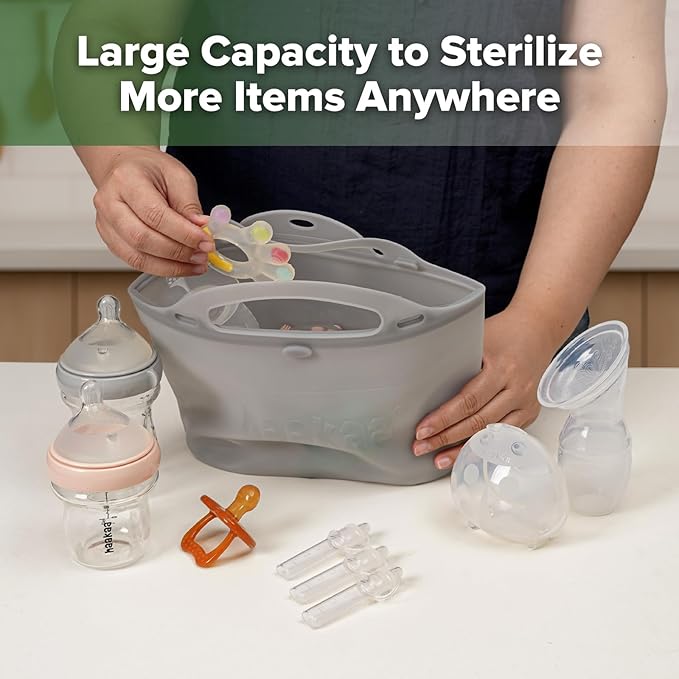 Haakaa Silicone Microwave Steamer & Steriliser Bag, 70oz/2000ml Large Capacity Reusable Steaming Bags for Baby Bottles, Breast Pump, Accessories, Pacifiers,Teethers, Great for Home&On The Go,Grey/2PCS