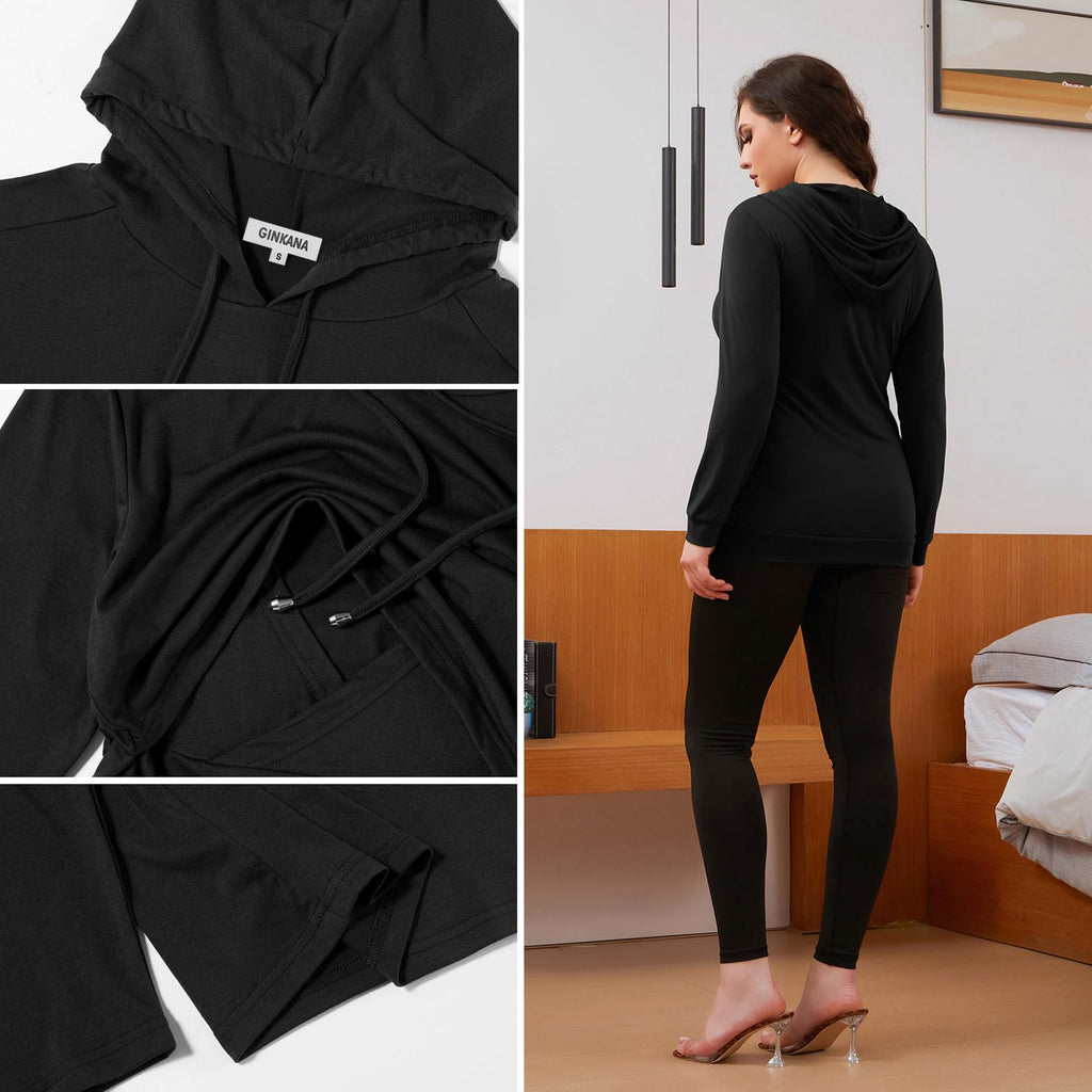 GINKANA Nursing Sweatshirt for Women Maternity Pullover Hoodie Long Sleeve Breastfeeding Top,Black+Gery with Black,S