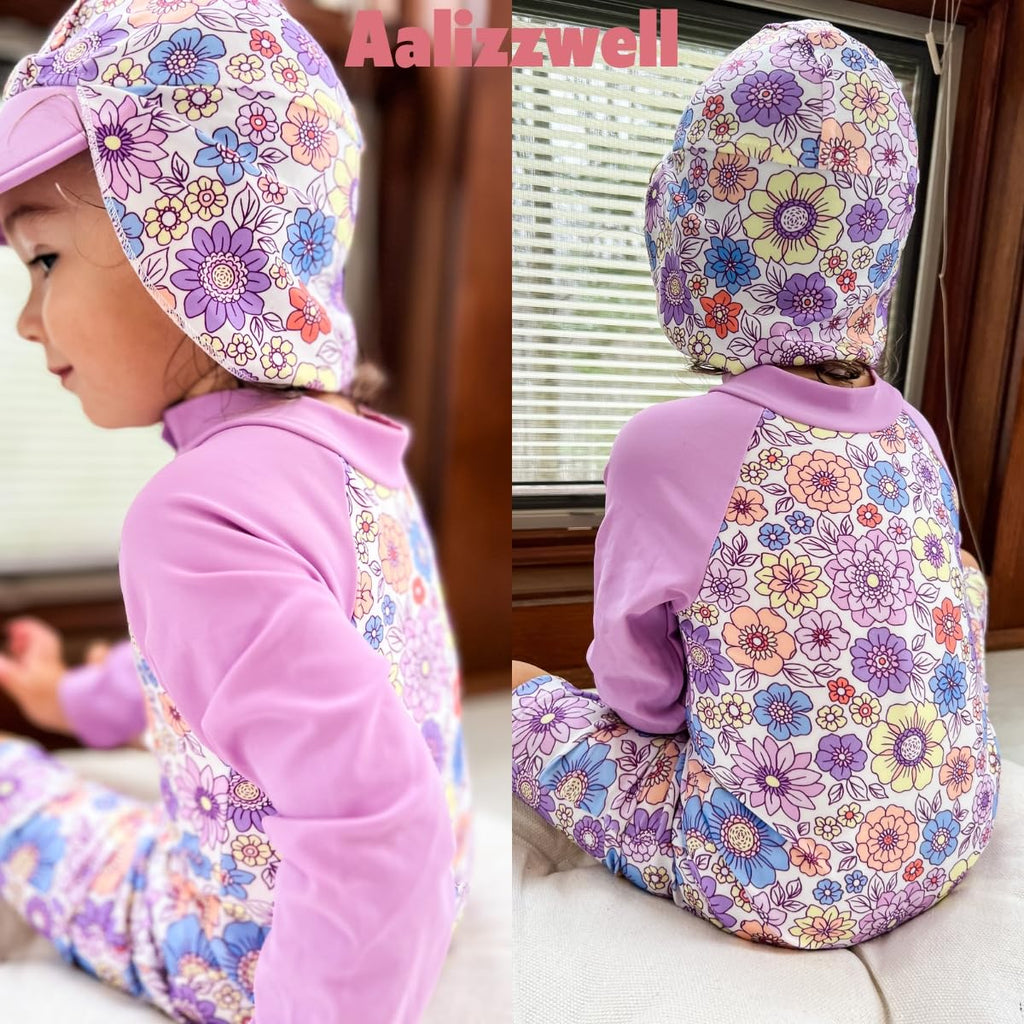 0-3 Months Newborn Infant Baby Girls One Piece Long Sleeve Swimsuit Floral Bathing Suit Flower Swimwear Beach Wear Purple