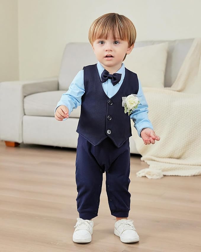 Baby Boy Clothes Gentleman Baby Suit Long Sleeve Romper+Vest+Bow Tie+Corsage 4Pcs Boys Formal Jumpsuit