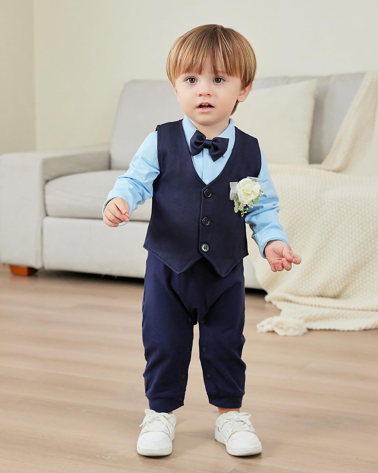 mikiumkee Baby Boy Suit Gentleman Clothes Wedding Outfits Formal Jumpsuit Long Sleeve Romper+Vest Navy Blue 18-24 Months
