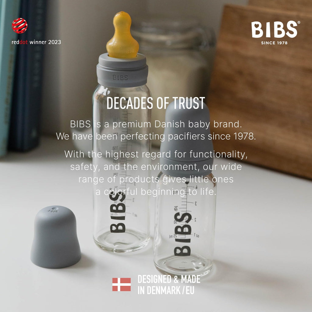 BIBS Baby Glass Bottle. Anti-Colic. Round Natural Rubber Latex Nipple. Supports Natural Breastfeeding, Complete Set - 225 ml, Dusky Lilac