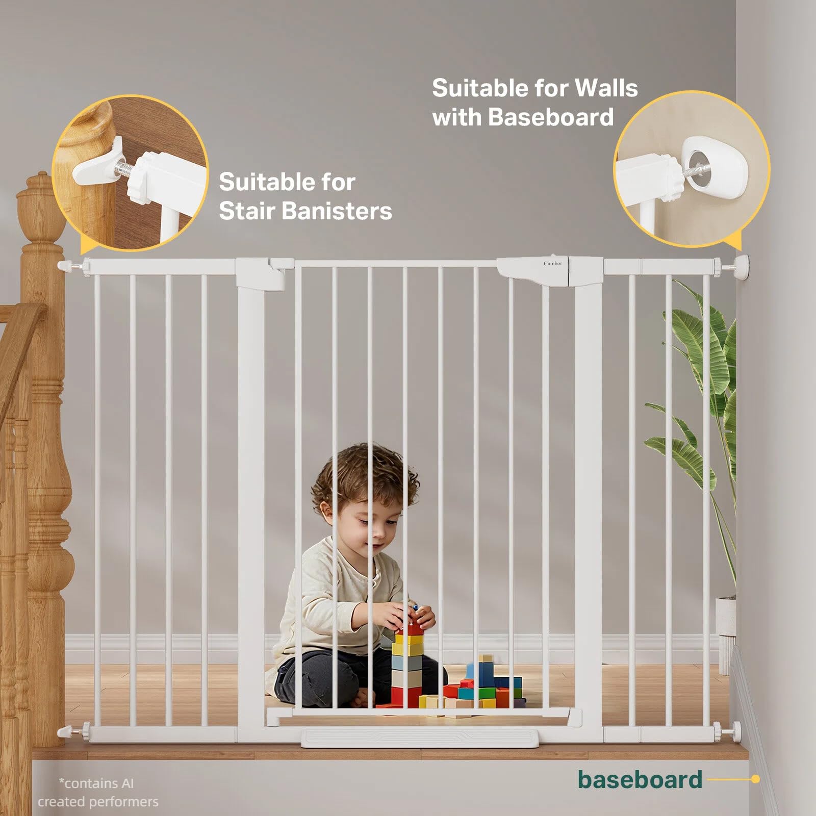 Cumbor 36" Extra Tall 29.7-51.5" Baby Gate for Stairs, Easy Walk Through Dog Gates for Doorways Extra Wide, Pressure Mounted Tall Pet Gate Indoor, Safety Auto-Close Child Gate for Kids, White