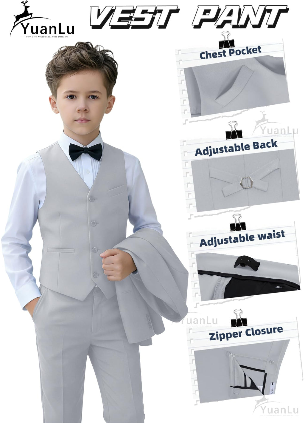 YuanLu Boys Suits Slim Fit Toddler Dress Outfit Kids Grey Tuxedo Size 3T