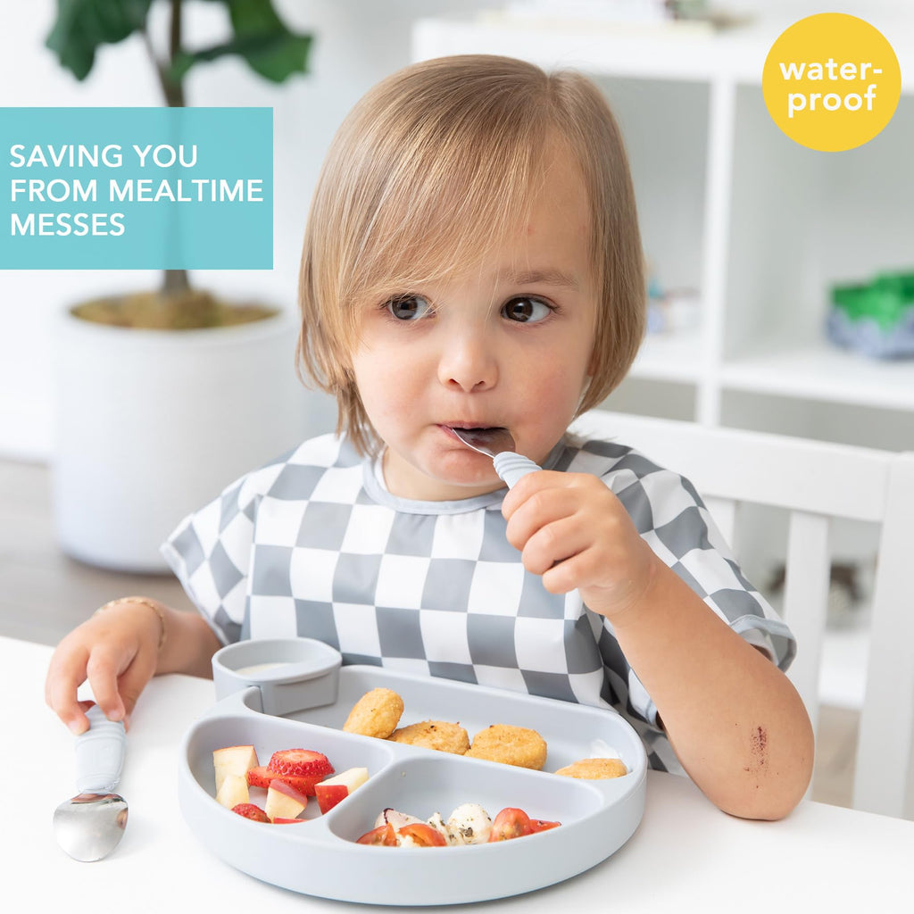 Bumkins Short Sleeve Bib for Girl or Boy, Toddler and Kids for 1-3 Years, Large Size, Essential Must Have for Junior Children, Eating, Mess Saving Soft Fabric Apron for Play, Charcoal Check