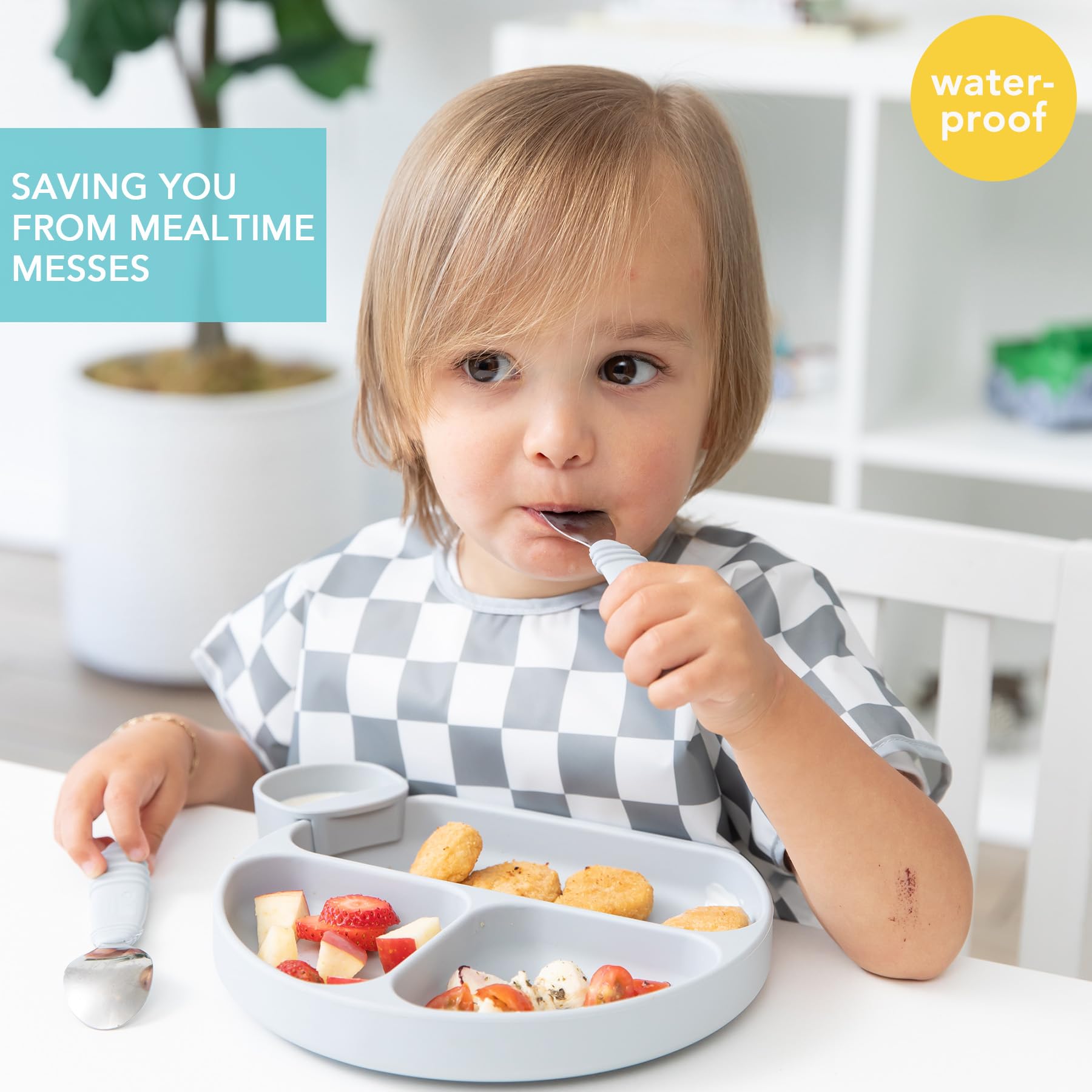 Bumkins Short Sleeve Bib for Girl or Boy, Toddler and Kids for 1-3 Years, Large Size, Essential Must Have for Junior Children, Eating, Mess Saving Soft Fabric Apron for Play, Charcoal Check