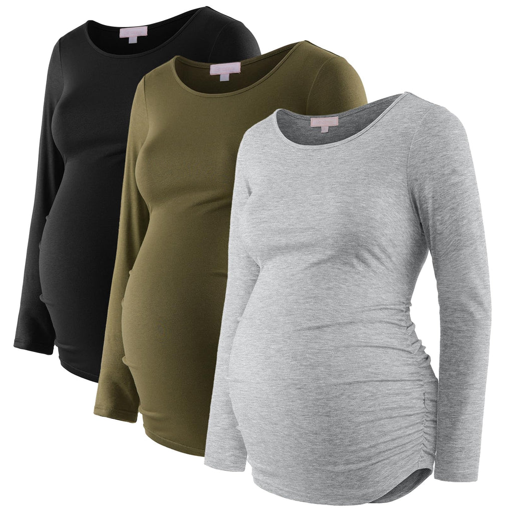Women's Maternity Shirts 3 Packs Long Sleeve Pregnancy Tops Basic Side Ruched Tunic Blouse,Black/Olive Green/Gray S