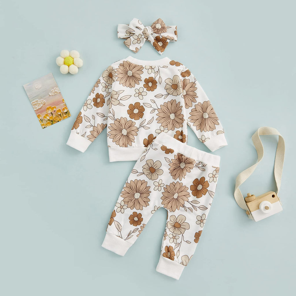 3Pcs Baby Girl Outfits Floral Sweatshirt + Pants + Headband Infant Fall Winter Clothes White 18-24 Months