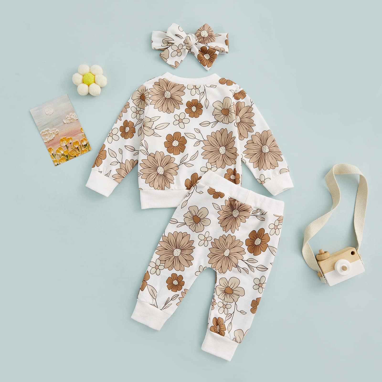 3Pcs Baby Girl Outfits Floral Sweatshirt + Pants + Headband Infant Fall Winter Clothes White 0-6 Months