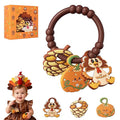 Thanksgiving Baby Teething Ring with 3pcs Teether-Soft Turkey, Pumpkin & Pine Cones Textured, Silicone Teether for 0-12months, Baby Sensory Chew Bracelet for Baby’s First Thanksgiving